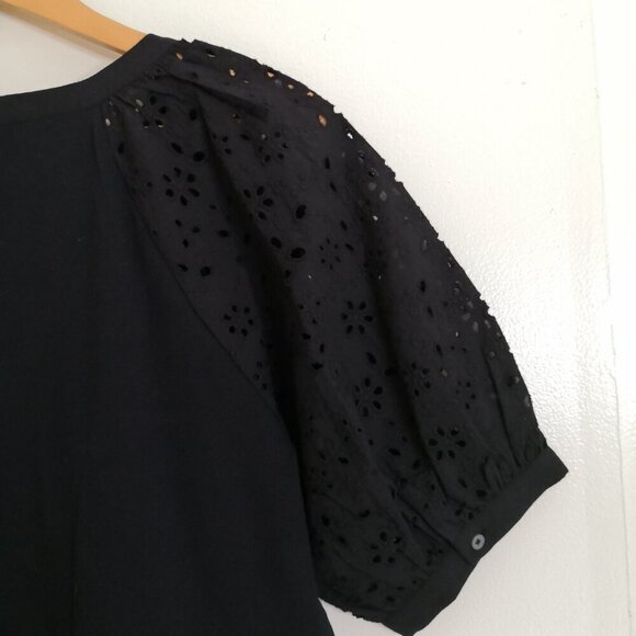 LOFT Eyelet Button Mixed Media Swing Dress Black Size L - Picture 7 of 8